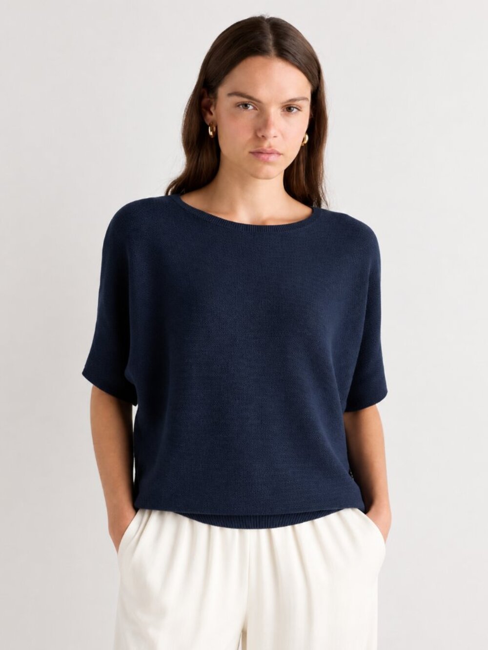 Quince Lightweight Cotton Cashmere Link-Stitch Dolman Sweater - Navy - NWT XS